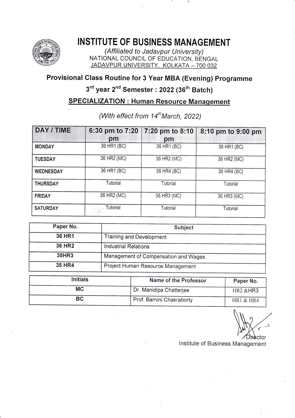 Provisional Class Routine for MBA 36th Batch (HR)